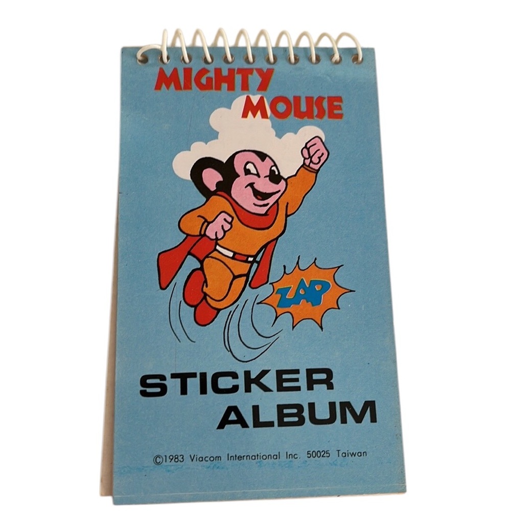 Vintage MIGHTY MOUSE Sticker Album~1983 Viacom~Taiwan~NOS~Cartoon Mouse